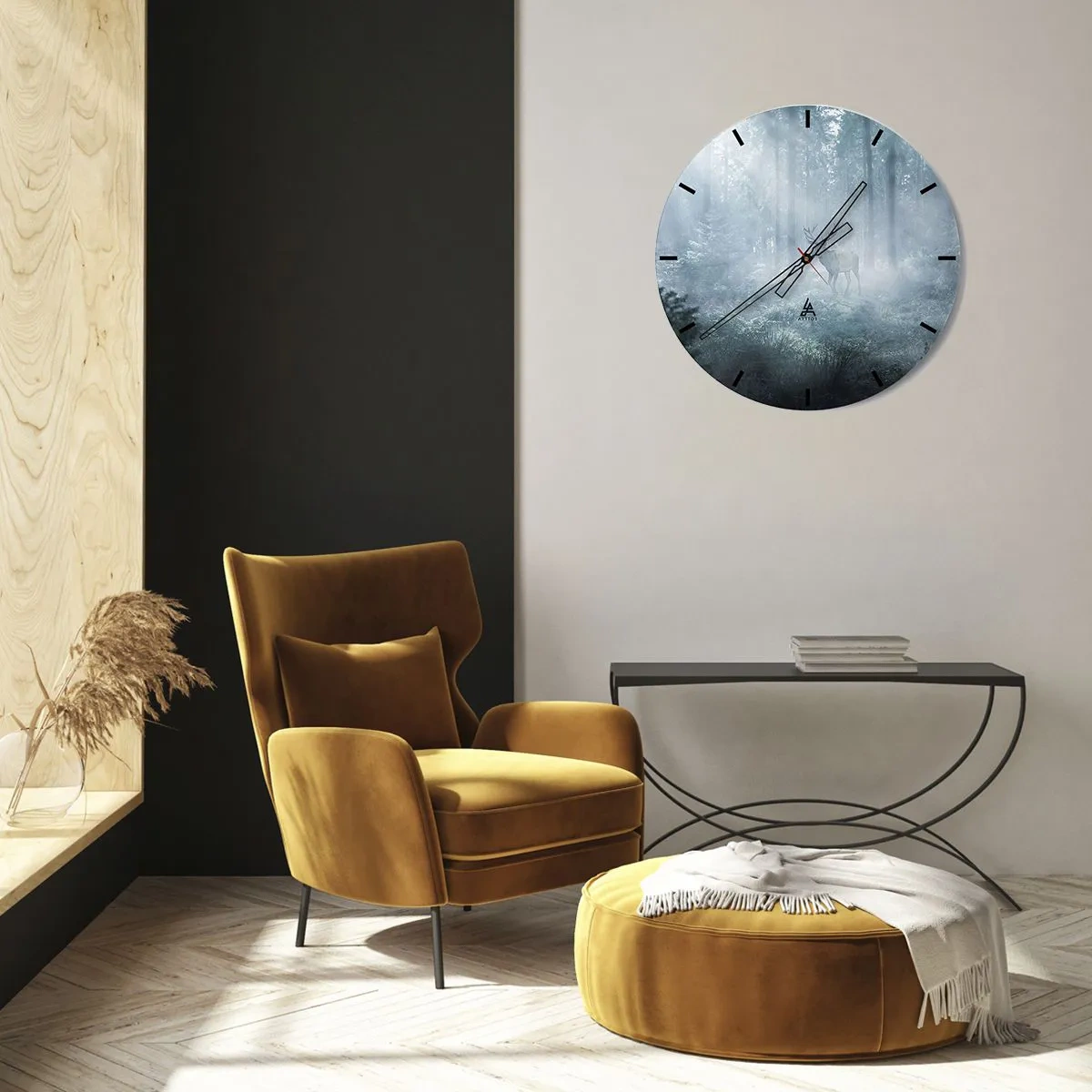 Horloge murale - Pendule murale - Un cerf debout dans le brouillard au milieu d'un grand bosquet forestier - 30x30cm - Visite matinale du domaine - Décoration murale moderne pour le salon, la cuisine et la chambre ARTTOR