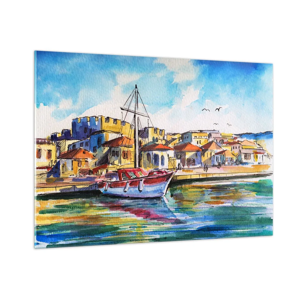 Impression sur verre - Image sur verre - Une marina colorée avec un voilier et une architecture méditerranéenne - 100x70cm - Après-midi arc-en-ciel - Décoration murale moderne pour le salon et la chambre ARTTOR