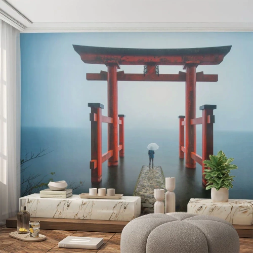 Papier Peint Photo Premium Sand - Torii japonais rouge sur l'eau - 100x70cm - Rêverie japonnaise - Décoration murale moderne pour le salon et la chambre ARTTOR