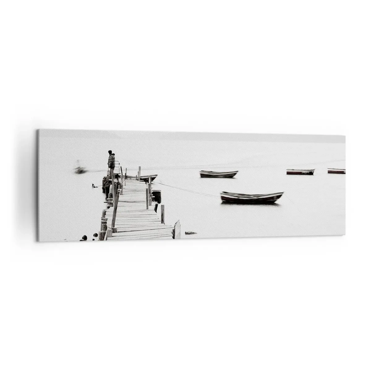 Impression sur toile - Image sur toile - Jetée en bois et bateaux sur une eau calme - 160x50cm - Calme et propre au bord de l'eau - Décoration murale moderne pour le salon et la chambre ARTTOR