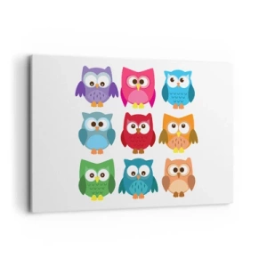 Impression sur toile - Image sur toile - Illustrations colorées de hiboux dans un style enfantin - 120x80cm - C'est amusant d'être différent - Décoration murale moderne pour le salon et la chambre ARTTOR