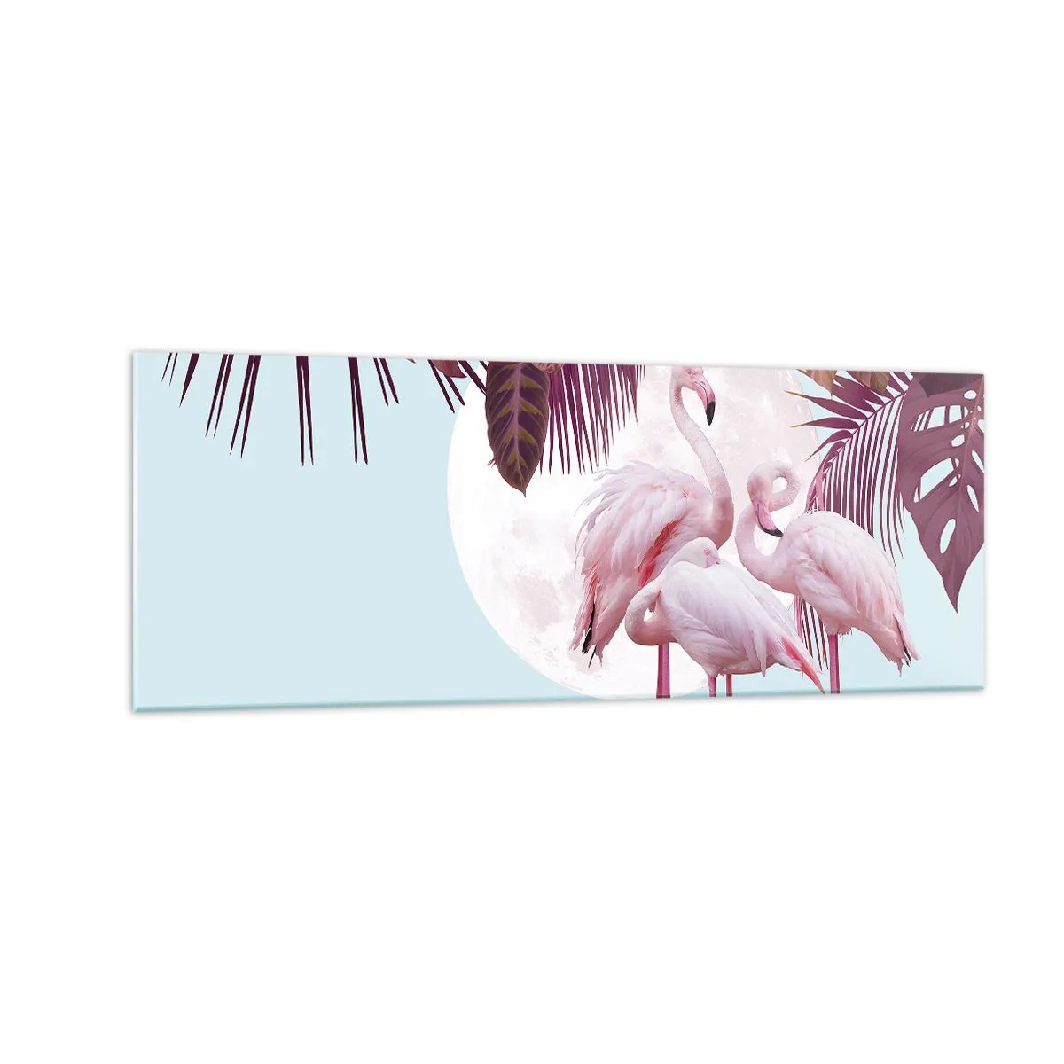 Impression sur verre - Image sur verre - Flamants roses sur fond de lune et de feuilles tropicales - 140x50cm - Trois oiseaux gracieux - Décoration murale moderne pour le salon et la chambre ARTTOR