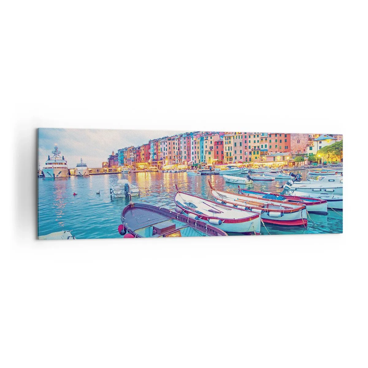 Impression sur toile - Image sur toile - Une ville portuaire colorée avec des bateaux dans le port - 160x50cm - Soirée colorée au port - Décoration murale moderne pour le salon et la chambre ARTTOR