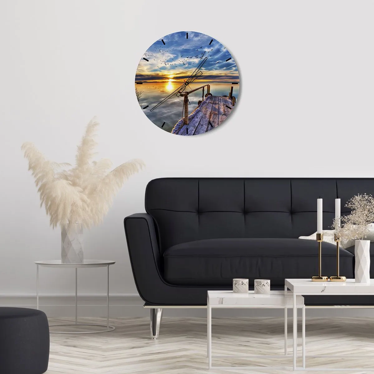 Horloge murale - Pendule murale - Jetée en bois sur le lac au coucher du soleil - 30x30cm - Le vent se repose - Décoration murale moderne pour le salon, la cuisine et la chambre ARTTOR