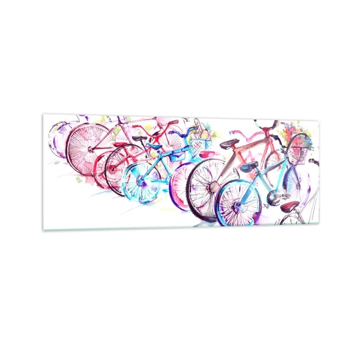 Impression sur verre - Image sur verre - Vélos colorés dans un style aquarelle artistique - 140x50cm - Congrès du club Antymoto - Décoration murale moderne pour le salon et la chambre ARTTOR