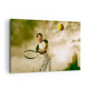 Impression sur toile - Image sur toile - Joueur de tennis en action lors d'un match avec en toile de fond un paysage urbain - 120x80cm - Énergie et joie - Décoration murale moderne pour le salon et la chambre ARTTOR