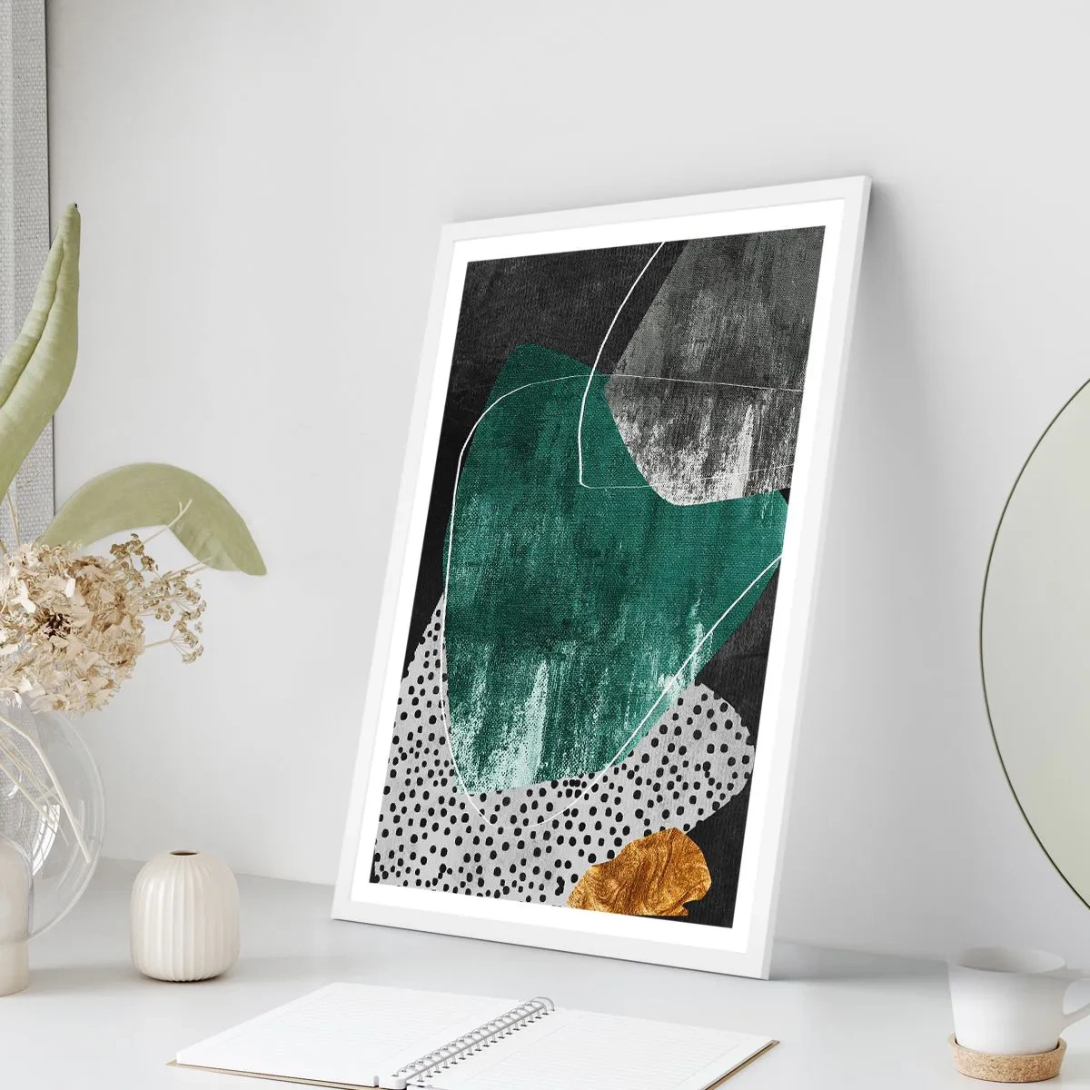 Affiche dans un cadre blanc - Poster - Abstraction colorée avec feuille d'or - 50x70 cm