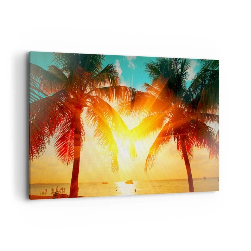 Impression sur toile - Image sur toile - Palmiers illuminés par la chaude lumière du soleil couchant - 120x80cm - Couple exotique - Décoration murale moderne pour le salon et la chambre ARTTOR