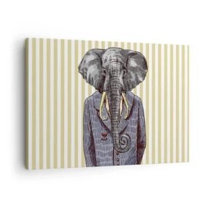 Impression sur toile - Image sur toile - Un éléphant en costume sur fond de rayures beiges - 70x50cm - Élégant par nature - Décoration murale moderne pour le salon et la chambre ARTTOR