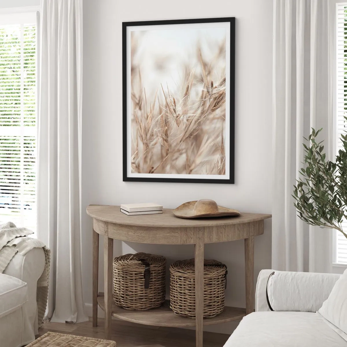 Affiche dans un cadre noir - Poster - Épis d'herbe délicats en beige - 50x70cm - Prairie et vent - Décoration murale moderne pour le salon et la chambre ARTTOR