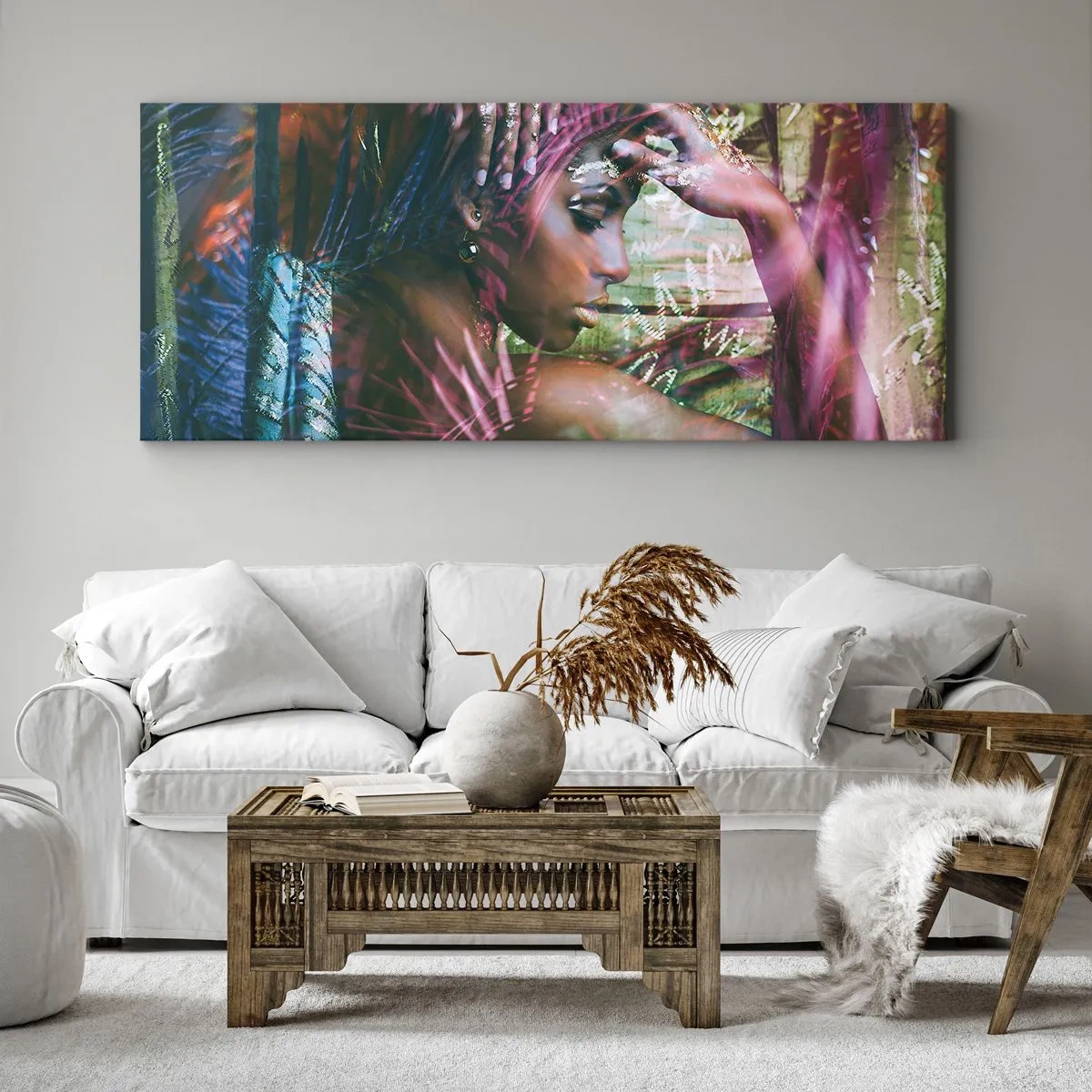 Impression sur toile - Image sur toile - Portrait d'une femme entourée d'une végétation exotique - 120x50cm - Dame Nature dans la jungle - Décoration murale moderne pour le salon et la chambre ARTTOR
