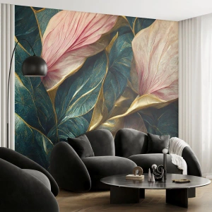 Papier Peint Photo Premium Sand - Feuilles dans les tons de vert, d'or et de rose poudré - 100x70cm - Élégance et style naturels - Décoration murale moderne pour le salon et la chambre ARTTOR