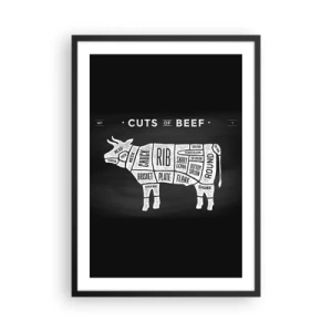 Affiche dans un cadre noir - Poster - Diagramme de coupes de bœuf sur fond noir dans un style rétro - 50x70cm - L'art de la découpe - Décoration murale moderne pour le salon et la chambre ARTTOR