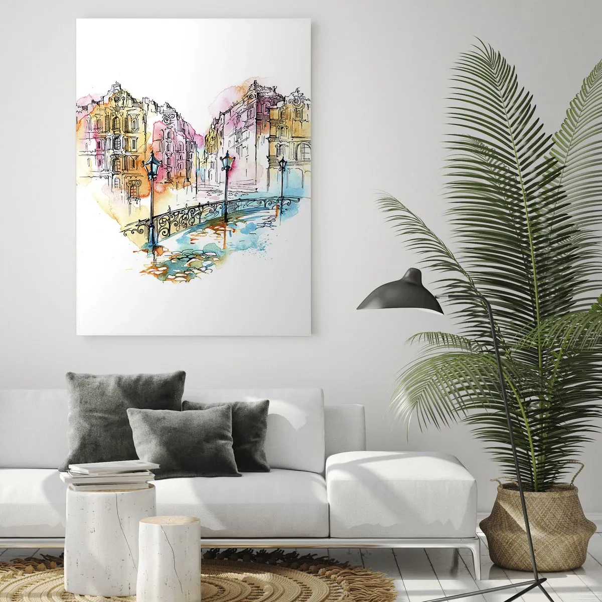 Impression sur verre - Image sur verre - Aquarelle d'un pont et de maisons en forme de cœur - 80x120cm - Le coeur de la ville - Décoration murale moderne pour le salon et la chambre ARTTOR