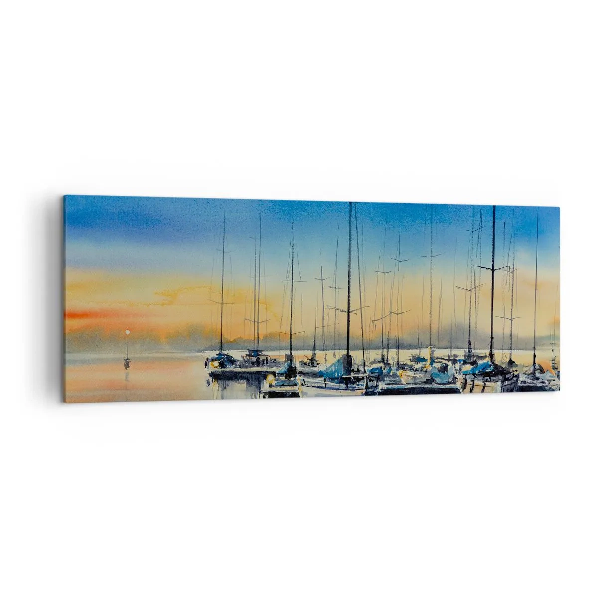 Impression sur toile - Image sur toile - Port de plaisance au coucher du soleil avec reflets sur l'eau - 140x50cm - Fin d'une belle journée - Décoration murale moderne pour le salon et la chambre ARTTOR