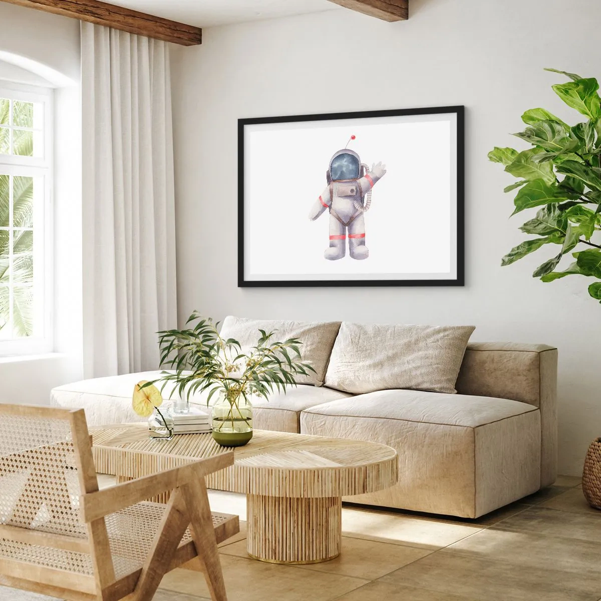 Affiche dans un cadre noir - Poster - Astronaute de style aquarelle sur fond blanc - 70x50cm - C'est tout pour le moment! - Décoration murale moderne pour le salon et la chambre ARTTOR