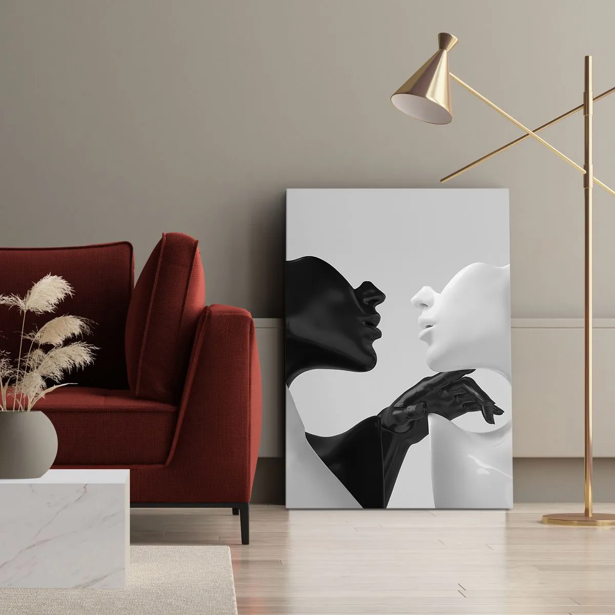Impression sur toile - Image sur toile - Silhouettes noires et blanches en gros plan dynamique - 50x70cm - Attraction - désir - Décoration murale moderne pour le salon et la chambre ARTTOR