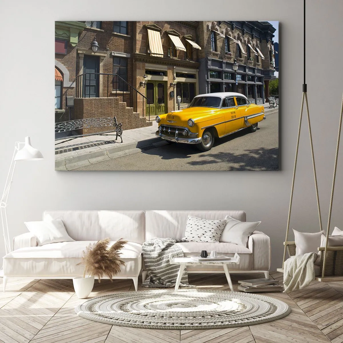 Impression sur toile - Image sur toile - Un taxi jaune dans une rue bordée d'immeubles - 120x80cm - Il y a longtemps en Amérique - Décoration murale moderne pour le salon et la chambre ARTTOR