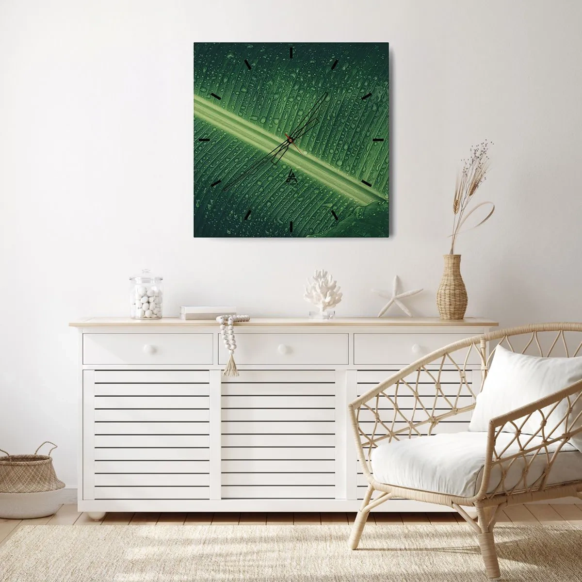 Horloge murale - Pendule murale - Une feuille verte avec des gouttes d'eau à sa surface - 30x30cm - Structure de vert - Décoration murale moderne pour le salon et la chambre ARTTOR