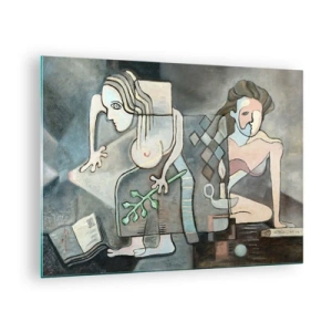 Impression sur verre - Image sur verre - Une scène abstraite avec deux personnages dans un style cubiste. - 70x50cm - Mosaïque d'esprit et de matière - Décoration murale moderne pour le salon et la chambre ARTTOR