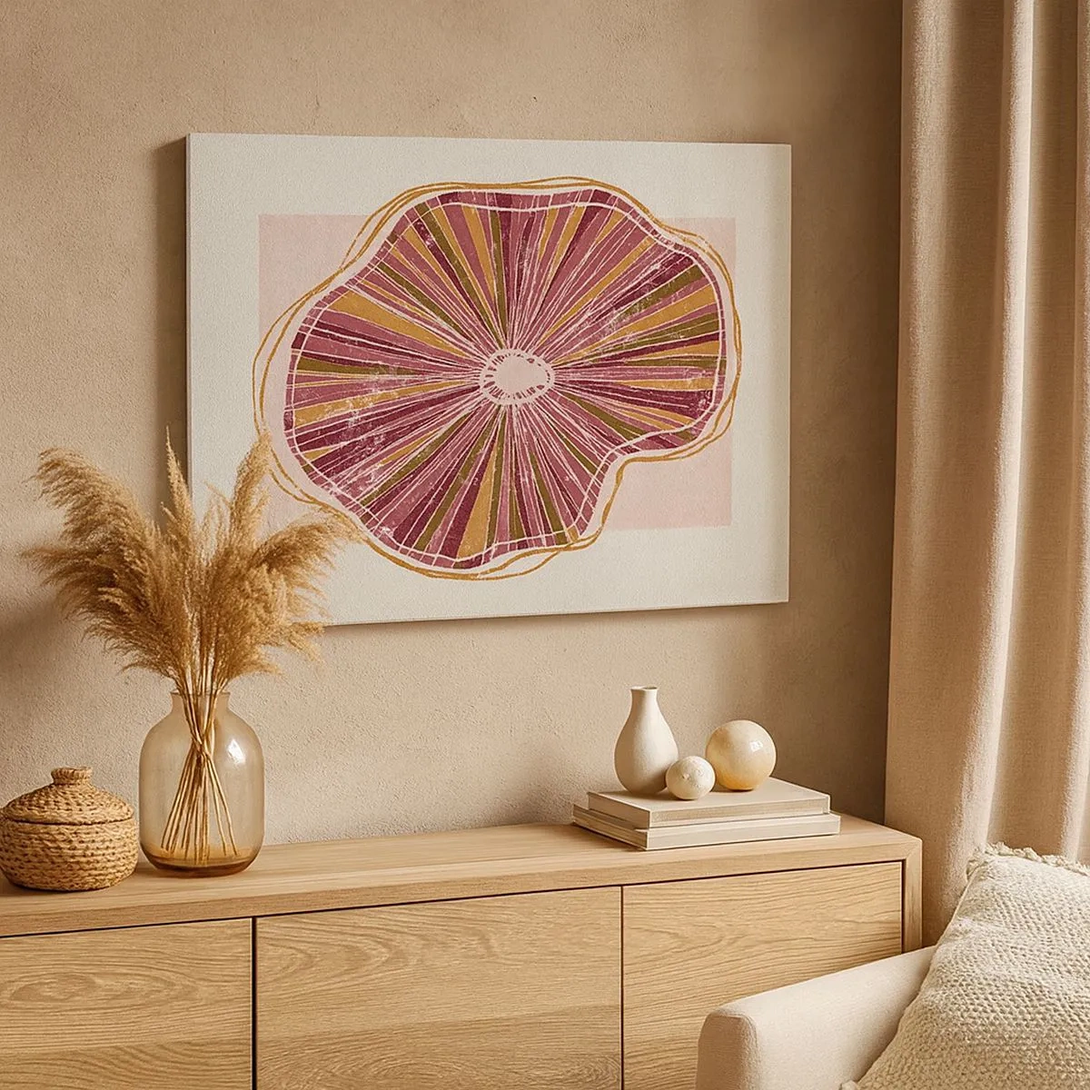 Impression sur toile - Image sur toile - Motif abstrait de tranches d'arbre dans des tons roses - 70x50cm - Abstraction rayonnante - Décoration murale moderne pour le salon et la chambre ARTTOR