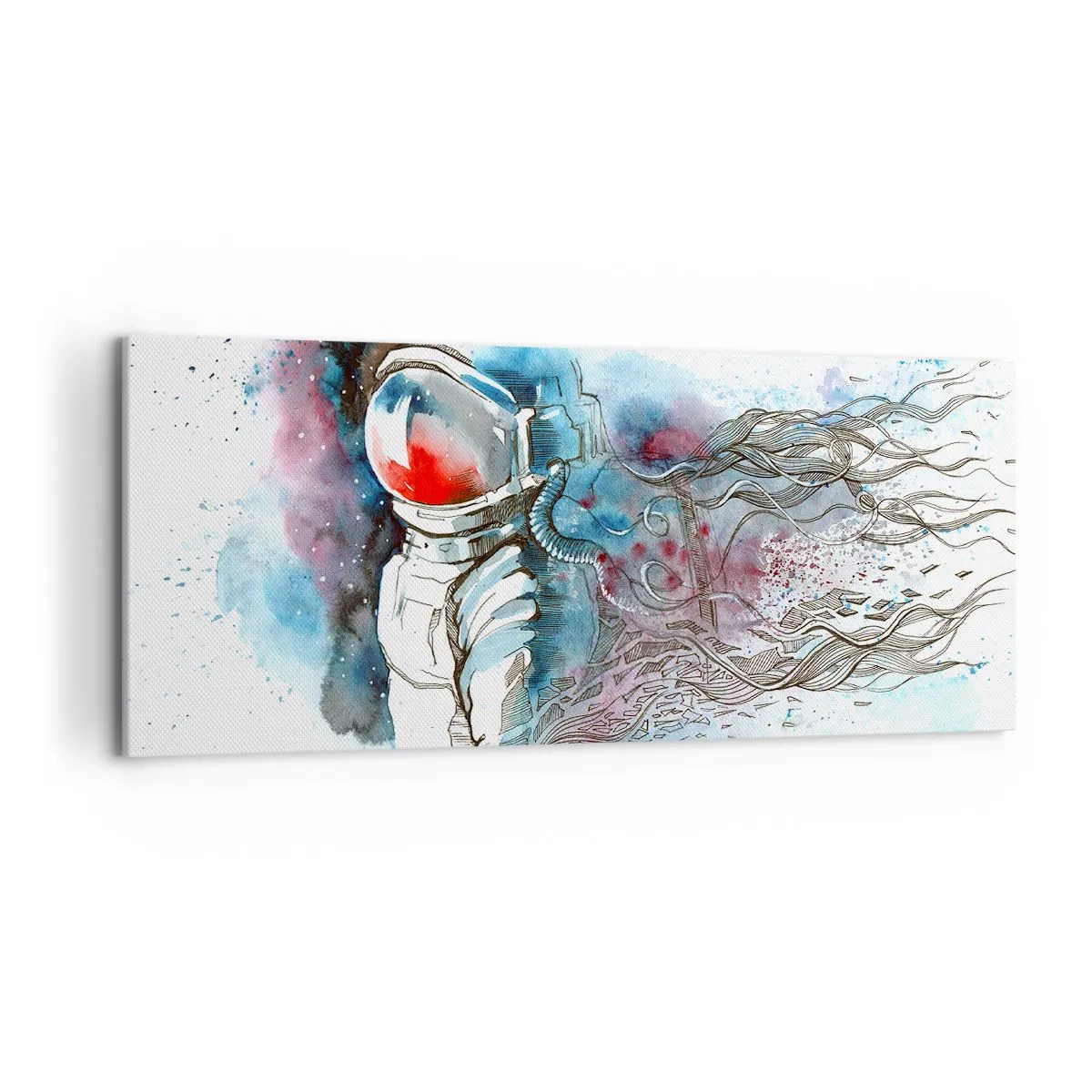 Impression sur toile - Image sur toile - Un cosmonaute dans une aquarelle dynamique avec des détails cosmiques - 120x50cm - Seul avec l'espace - Décoration murale moderne pour le salon et la chambre ARTTOR