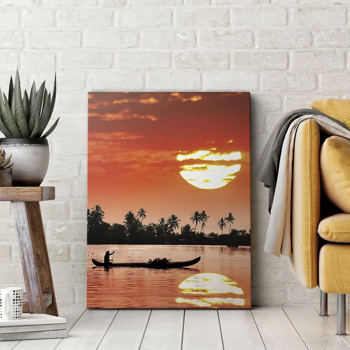 Impression sur toile - Image sur toile - Coucher de soleil tropical avec un bateau et des palmiers en arrière-plan - 70x100cm - La tranquillité des tropiques au coucher du soleil - Décoration murale moderne pour le salon et la chambre ARTTOR