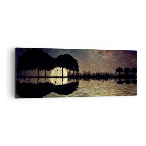 Impression sur toile - Image sur toile - Une nuit magique avec des arbres et la lune se reflétant sur l'eau - 140x50cm - Nuit au bout du monde - Décoration murale moderne pour le salon et la chambre ARTTOR
