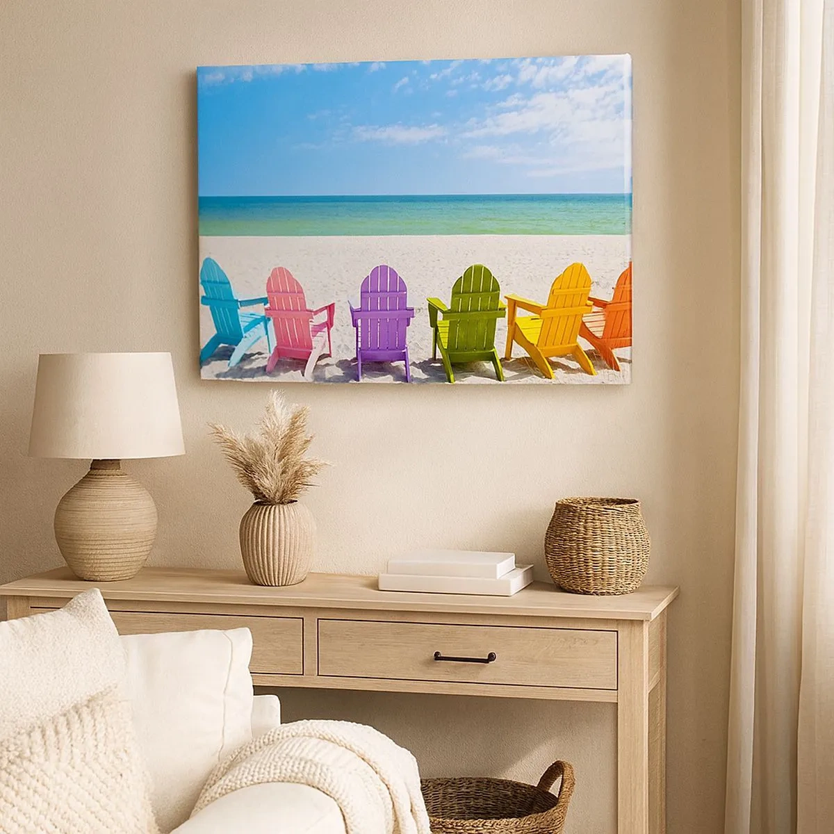 Impression sur toile - Image sur toile - Chaises longues colorées sur la plage avec vue sur la mer - 70x50cm - Plage arc-en-ciel - Décoration murale moderne pour le salon et la chambre ARTTOR
