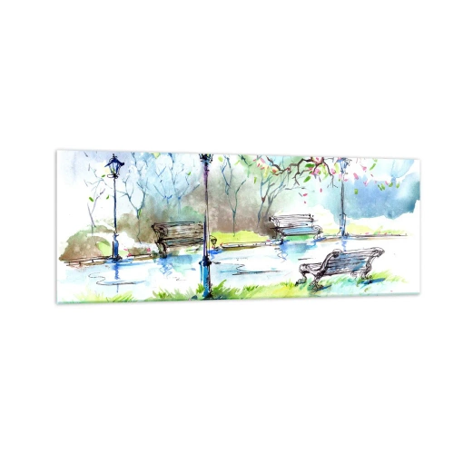 Impression sur verre - Image sur verre - Scène de parc à l'aquarelle avec bancs et lampes - 140x50cm - Le charme du silence d'un parc - Décoration murale moderne pour le salon et la chambre ARTTOR
