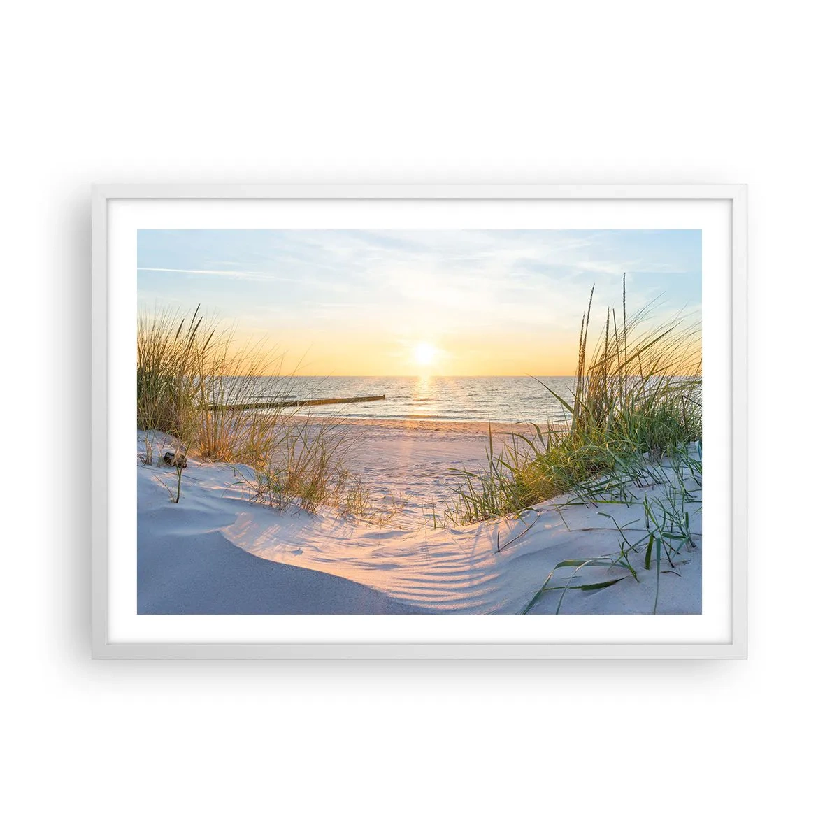 Affiche dans un cadre blanc - Poster - Le bruit de la mer, le chant des oiseaux, une plage sauvage parmi les herbes… - 70x50 cm