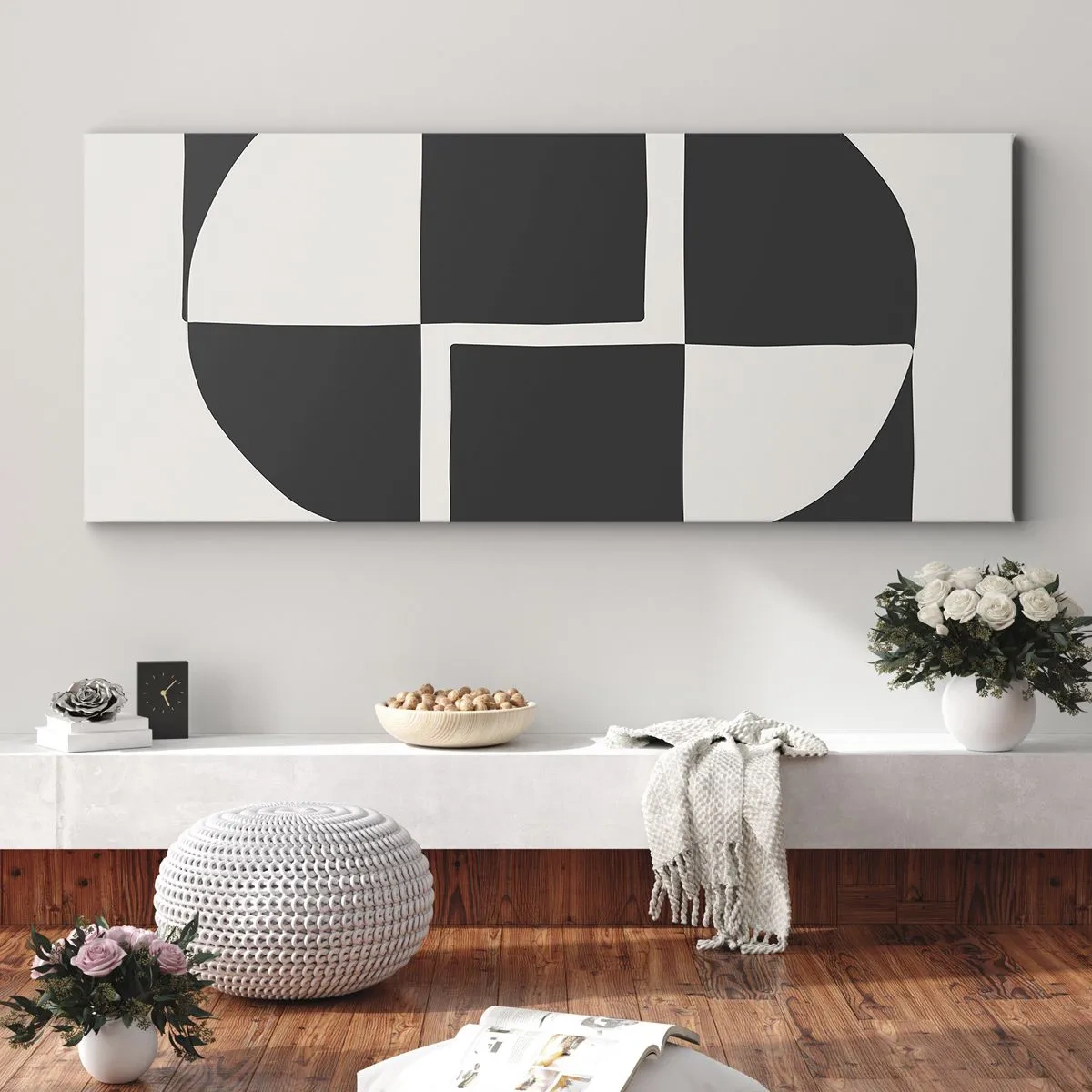 Impression sur toile - Image sur toile - Formes géométriques abstraites en noir et blanc - 140x50cm - Antithèse - Synthèse - Décoration murale moderne pour le salon et la chambre ARTTOR