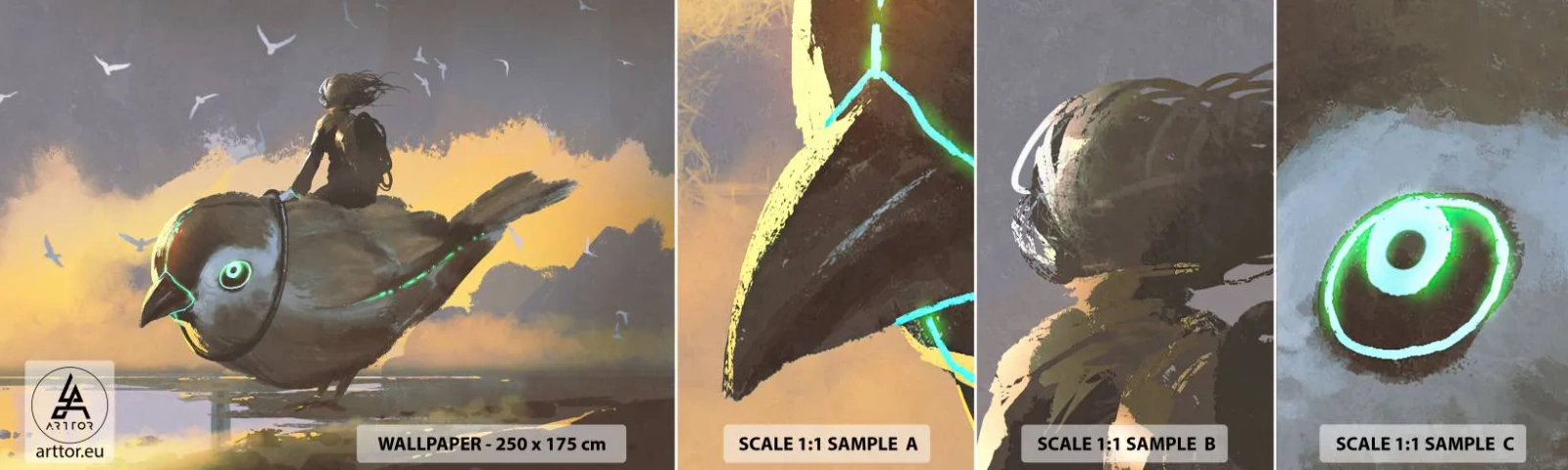 Échantillon de Papier Peint Autocollant Deluxe Sticker - Un arrêt sur un voyage fantastique - Abstraction, Oiseau, Fantaisie - 100x30 cm