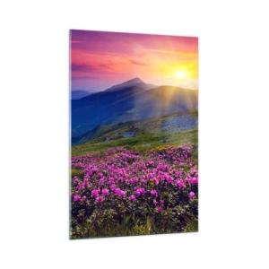 Impression sur verre - Image sur verre - Une prairie fleurie avec vue sur les montagnes au coucher du soleil - 70x100cm - … Et autour, ça sent le pin des montagnes et l'odeur de la prairie - Décoration murale moderne pour le salon et la chambre ARTTOR