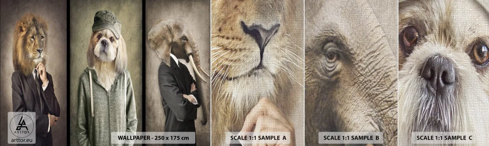 Échantillon de Papier Peint Premium Canvas - je préfère plus détendu - Abstraction, Lion, Chien - 100x30 cm