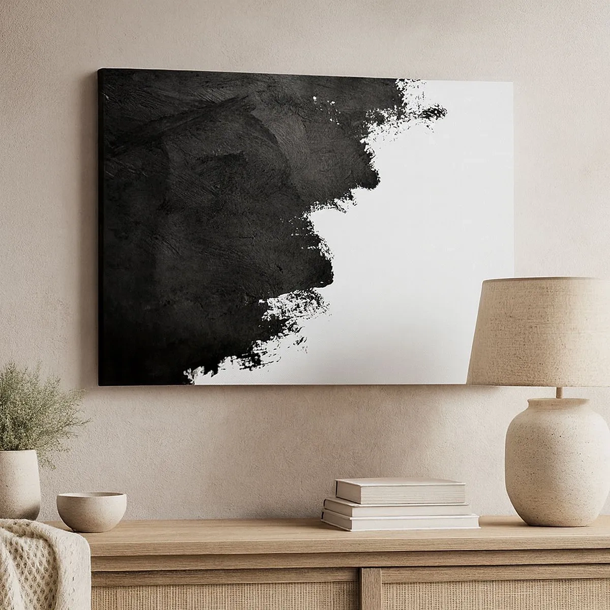 Impression sur toile - Image sur toile - Abstraction en noir et blanc avec des coups de pinceau contrastés - 70x50cm - Éléments : terre - Décoration murale moderne pour le salon et la chambre ARTTOR