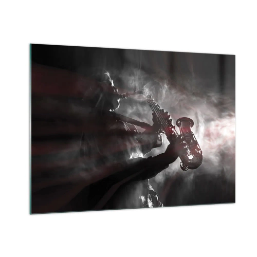 Impression sur verre - Image sur verre - Saxophoniste dans un nuage de fumée en noir et blanc - 100x70cm - Dans les brumes du jazz - Décoration murale moderne pour le salon et la chambre ARTTOR