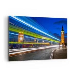 Impression sur toile - Image sur toile - Big Ben la nuit avec l'effet des lumières dans la circulation routière - 120x80cm - Sous l'œil de Big Ben - Décoration murale moderne pour le salon et la chambre ARTTOR