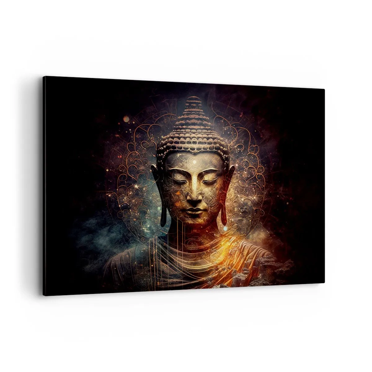 Impression sur toile - Image sur toile - Bouddha doré sur fond sombre avec ornements - 100x70cm - Équilibre spirituel - Décoration murale moderne pour le salon et la chambre ARTTOR