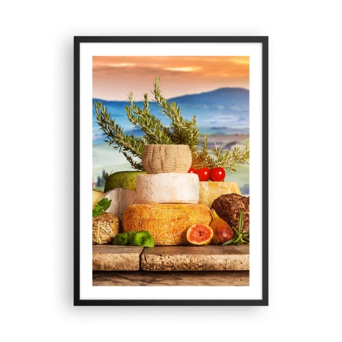 Affiche dans un cadre noir - Poster - Pile rustique de fromages sur fond de paysage - 50x70cm - La joie de vivre à l'italienne - Décoration murale moderne pour le salon et la chambre ARTTOR