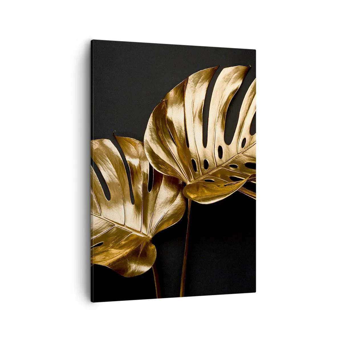 Impression sur toile - Image sur toile - Feuilles de monstera dorées sur fond noir - 50x70cm - Les trésors de la nature - Décoration murale moderne pour le salon et la chambre ARTTOR