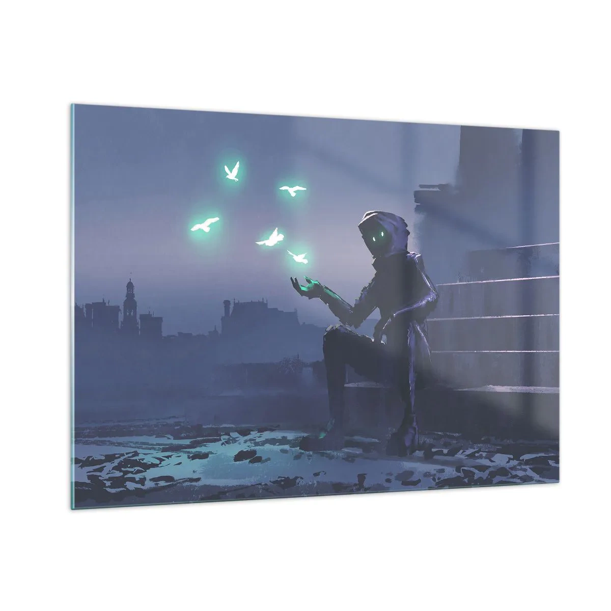 Impression sur verre - Image sur verre - Une silhouette dans le noir entourée d'oiseaux verts flottants - 100x70cm - La vie reviendra - Décoration murale moderne pour le salon et la chambre ARTTOR