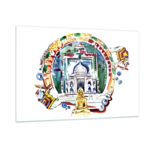 Impression sur verre - Image sur verre - Illustration colorée de monuments indiens à l'aquarelle - 120x80cm - Équilibre mondial hindou - Décoration murale moderne pour le salon et la chambre ARTTOR