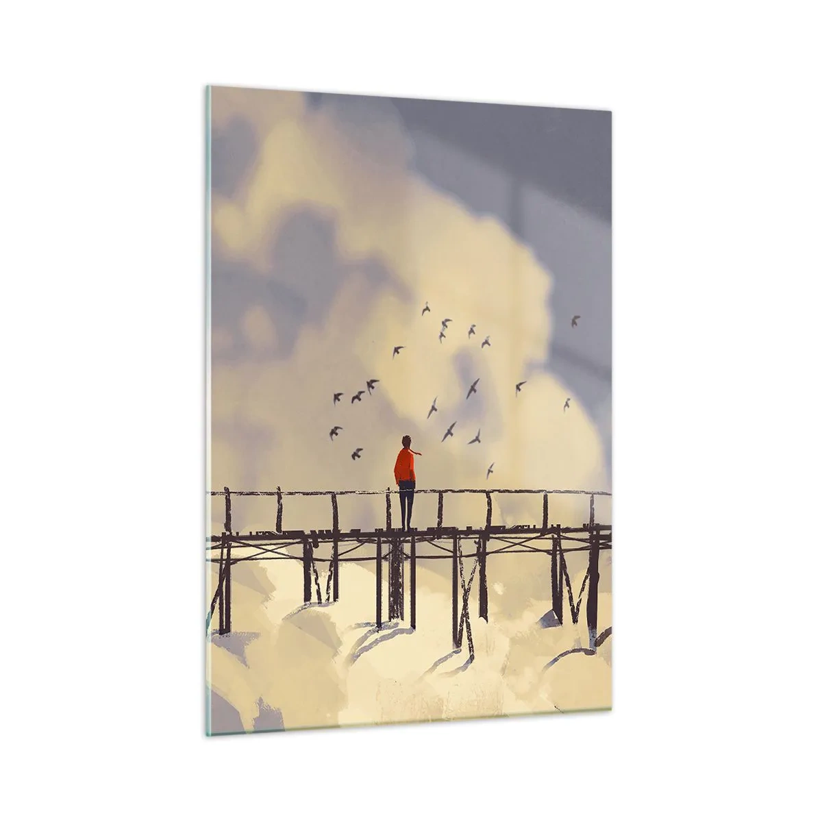 Impression sur verre - Image sur verre - Un homme sur un pont en bois entouré de nuages - 50x70cm - Bleu nostalgie - Décoration murale moderne pour le salon et la chambre ARTTOR