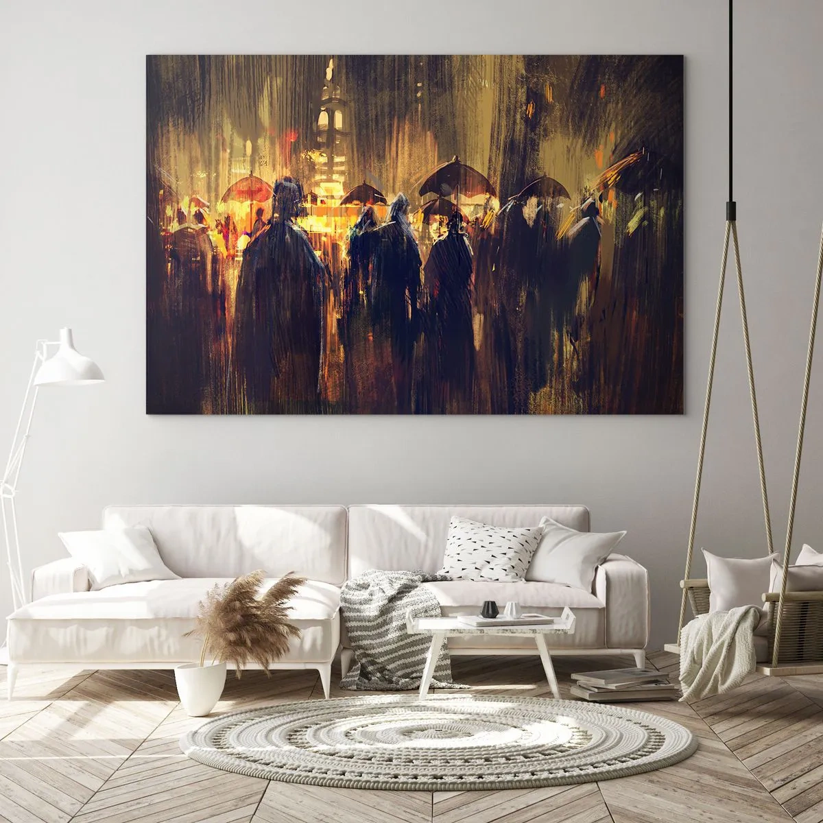 Impression sur verre - Image sur verre - Une foule avec des parapluies sous la pluie sur fond de lumières de la ville - 70x50cm - Adeptes de la pluie - Décoration murale moderne pour le salon et la chambre ARTTOR