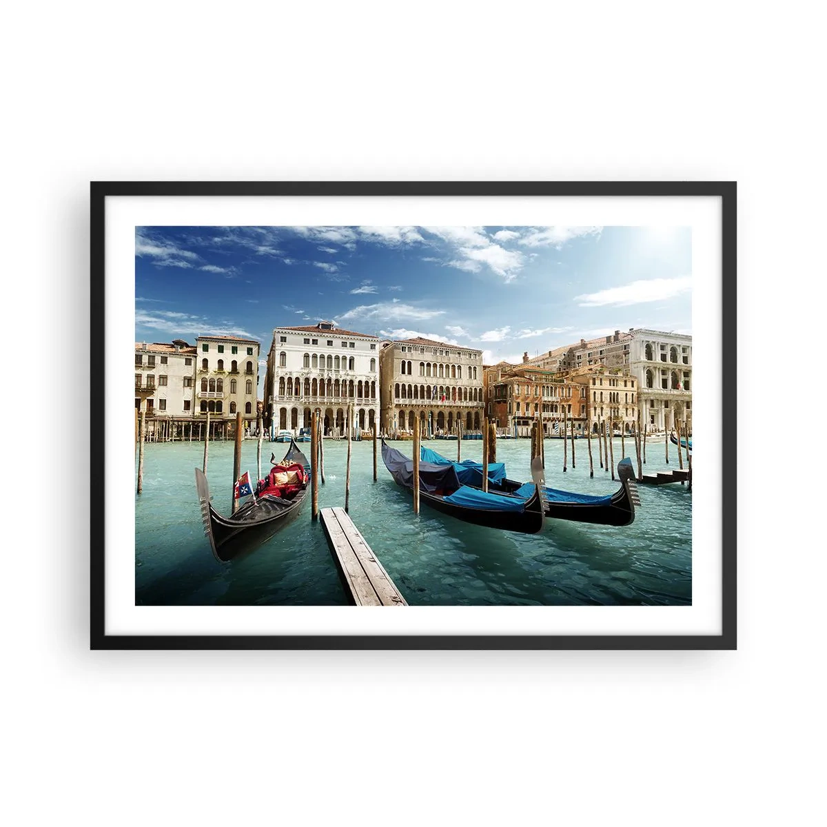 Affiche dans un cadre noir - Poster - Venise avec des gondoles et des palais contre le ciel - 70x50cm - Palace bleu ciel - Décoration murale moderne pour le salon et la chambre ARTTOR