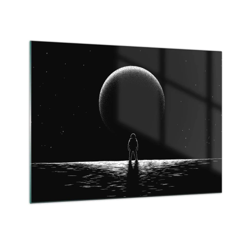 Impression sur verre - Image sur verre - Astronaute debout devant une planète en noir et blanc - 70x50cm - Face à face - Décoration murale moderne pour le salon et la chambre ARTTOR