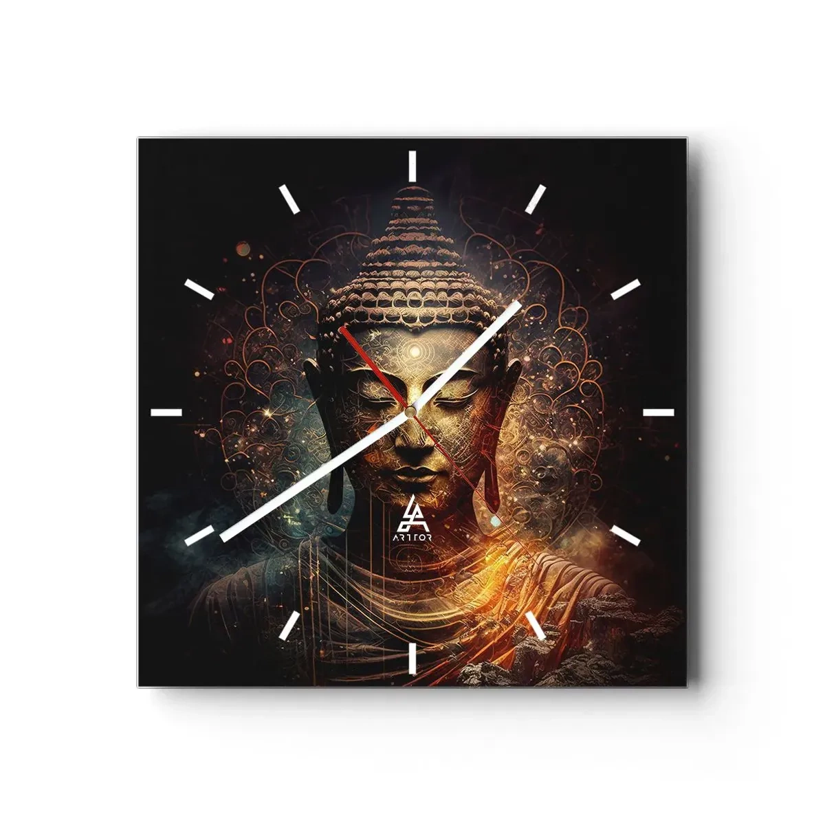 Horloge murale - Pendule murale - Bouddha doré sur fond sombre avec ornements - 30x30cm - Équilibre spirituel - Décoration murale moderne pour le salon et la chambre ARTTOR