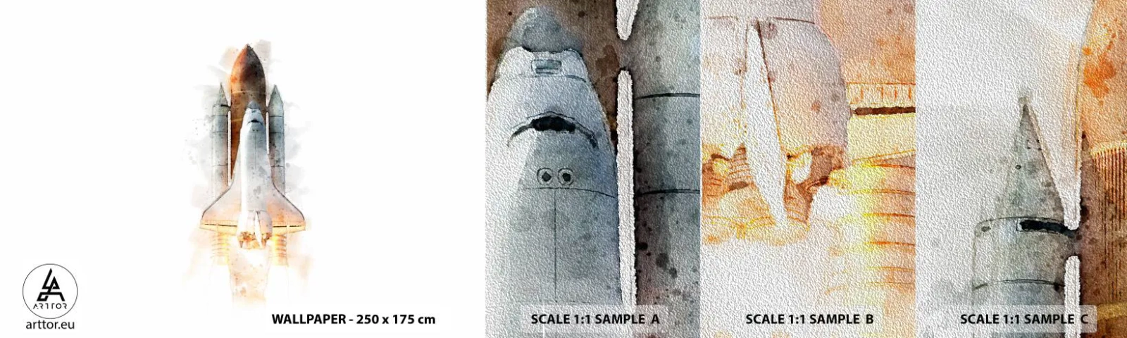 Échantillon de Papier Peint Premium Sand - Des explorateurs pour commencer - Une fusée spatiale, Cosmos, Minimalisme - 100x30 cm