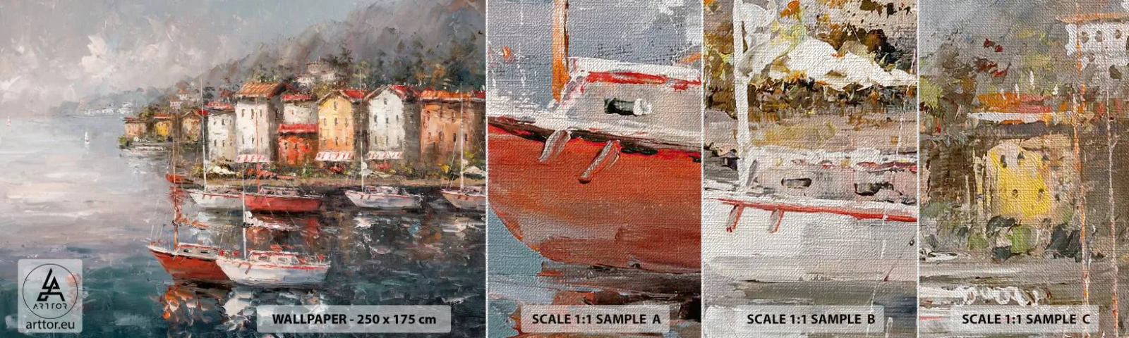 Échantillon de Papier Peint Premium Canvas - Havre romantique - Architecture, Ville portuaire, Voilier - 100x30 cm